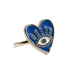 Detail view of heart-shaped evil eye ring with blue enamel and colorful crystal accents