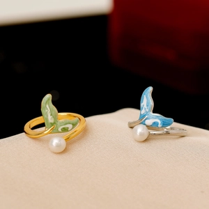 Enamel Whale Tail Open Ring Copper Freshwater Pearl Adjustable Sweet Style Elegant Jewelry For Women