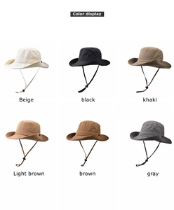 Color display of outdoor sun hats in beige, black, khaki, brown and gray with chin strap