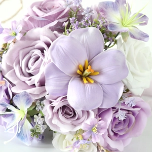 Elegant purple and white silk bridal bouquet with artificial roses and lilies for weddings
