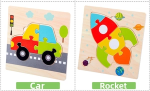 Detail view of colorful wooden car and rocket shape matching puzzles for kids