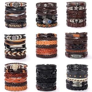 Multi-layer Leather Braided Woven Bracelets Alloy Wood Beads Retro Punk Vintage Wristbands Jewelry For Men