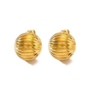 Polished gold stainless steel dome earrings with ribbed striped texture on white background
