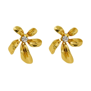 Statement gold flower earrings with six-petal design and sparkling center zircon crystal