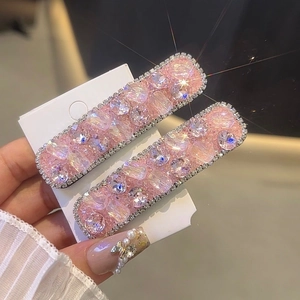 Sparkling pink crystal BB hair clips for women with elegant rhinestone side fringe accents
