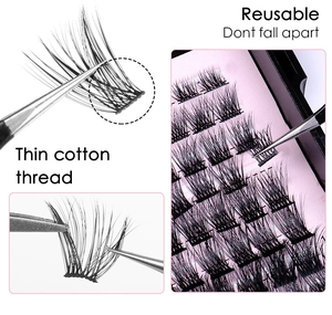 Detail showing individual lash clusters with thin cotton thread bands for DIY eyelash extension