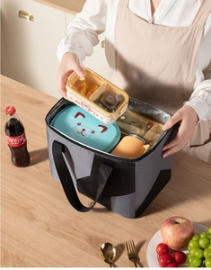 Placing lunch box into large insulated gray meal bag with thick aluminum foil lining