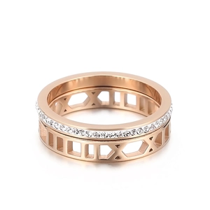 Bague Chiffres Romains Acier Inoxydable 316L Creux Zircone Cubique Incrustée Plaqué Or Rose Double Couche Mode Femmes