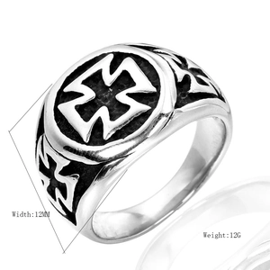 Vintage stainless steel cross ring for men with black oxidized finish and 12mm width