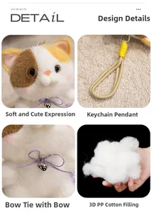 Detail of plush cat keychain showing 3D PP cotton filling and purple bowtie accessory
