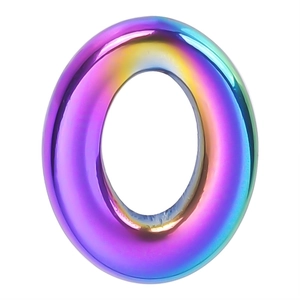Macro shot of oval rainbow electroplated stainless steel pendant with iridescent metallic finish