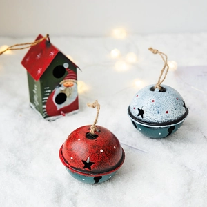 Vintage Nordic iron Santa house and bell ornaments with hemp rope for Christmas tree