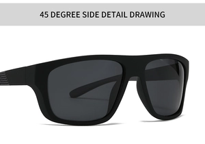 Detailed 45-degree side view of classic matte black polarized sunglasses for men