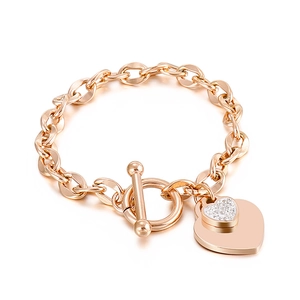 Rose gold stainless steel bracelet with twin hearts, crystals and OT toggle clasp