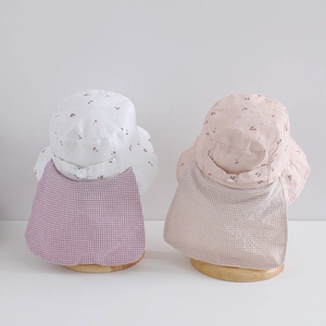Kids floral cherry sun hat with neck protection flap and adjustable strap for girls
