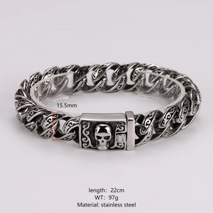 Retro stainless steel men's cuban bracelet with carved totem patterns and skull clasp