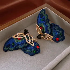 Vintage Butterfly Heart Earrings With Rhinestones And Embroidery Alloy Silver Post Elegant Jewelry For Women Daily Party
