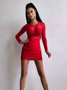 Detail of red mesh V-neck dress featuring ruched fabric and slim-fit bodycon design
