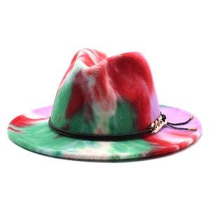 Tie-dye wool fedora hat with flat brim and decorative gold chain for men and women