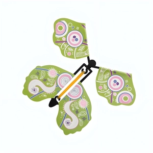 Detailed view of a green magic toy butterfly with pink spiral patterns and black frame