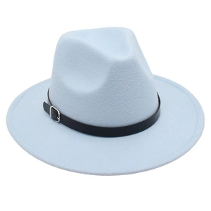 Close-up of light blue fedora hat with elegant black belt buckle and wool texture