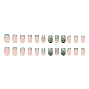 Bamboo green and nude press-on nails set with 24 pieces in French style with leaf art