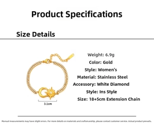 Parametri dettagliati sulle dimensioni del bracciale stella e luna placcato oro 14K