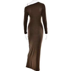 Back view of brown long sleeve bodycon maxi dress with shimmer fabric and one shoulder cut