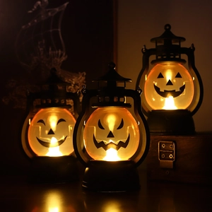 Halloween LED Pumpkin Lantern Retro Kerosene Lamp Style Plastic Portable Electronic Candle Light For Party Decor