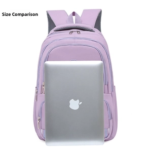 Purple nylon backpack capacity detail showing a 15.6 inch laptop storage compartment