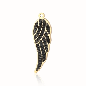 Detailed view of a golden metal feather pendant with black gemstone and top ring