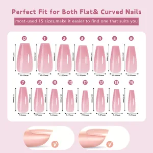 Size chart for press-on nails showing 15 sizes from 0 to 14 in long coffin shape