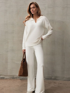 Women Knitted Polo V Neck Long Sleeve Sweater And Wide Leg Pants Fuzzy Mink Fleece Loungewear Casual Apparel