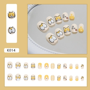 Faux ongles Corgi mignons avec motifs de cœur et designs à carreaux jaunes