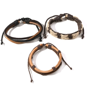 Set of 3 vintage multilayer hand-woven leather and hemp rope bracelets for men in brown and black