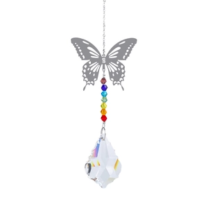 Detail of butterfly suncatcher with colorful beads and faceted crystal prism pendant