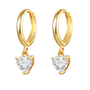 Elegant gold hoop earrings with sparkling heart-shaped zircon charms on a clean white backdrop
