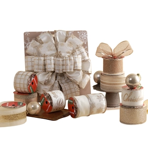 Champagne gold and cream Christmas ribbon set with decorative bow for gift wrapping