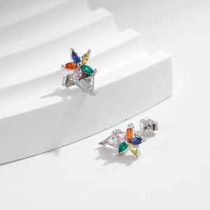 Exquisite S925 silver flower earrings with rainbow crystals and triangular clear gemstone
