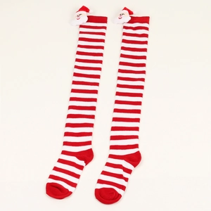 Detail of red and white striped Christmas socks with a 3D plush Santa Claus embellishment