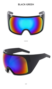 Detail view of black-green wrap-around sports sunglasses with iridescent coated lenses