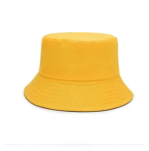 Close-up of yellow cotton canvas bucket hat showing reinforced brim stitching and fabric