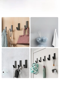 Matte black J-shaped hooks shown on various walls like wood and marble for home storage