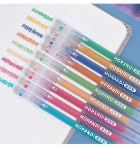 Detailed flat lay of Morandi retro color gel pens on a grid notebook with color swatches