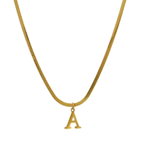 18K gold plated titanium flat snake chain necklace featuring a capital letter A pendant