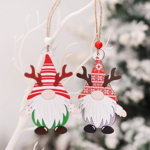 Christmas wooden gnome ornaments with reindeer antlers and festive red green beads