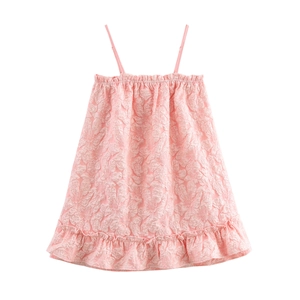 Vestito Camisole Mini In Jacquard Rosa Con Bordo A Volant Motivo Floreale In Rilievo Vita Alta Senza Maniche Per Donna
