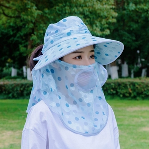 Detail of light blue sun hat featuring polka dots, integrated face mask and neck protection