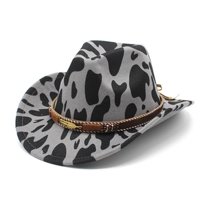 Vintage western cowboy hat with grey cow pattern wool felt and decorative belt