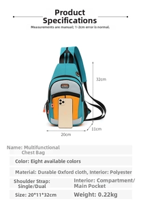 Detailed view of the multi-functional oxford chest bag with size dimensions and phone scale